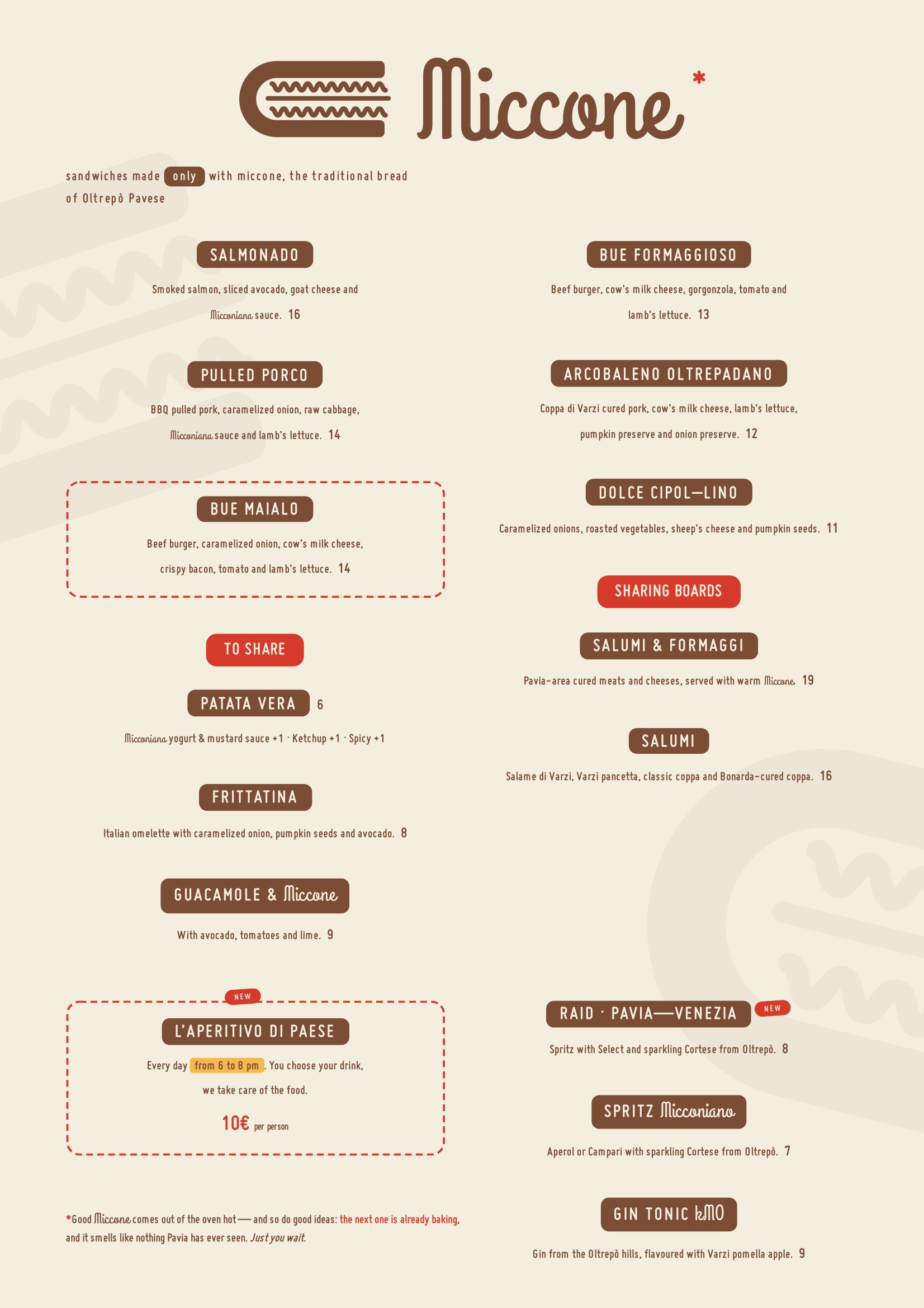 Miccone menu — page 1: sandwiches, to share, boards, drinks