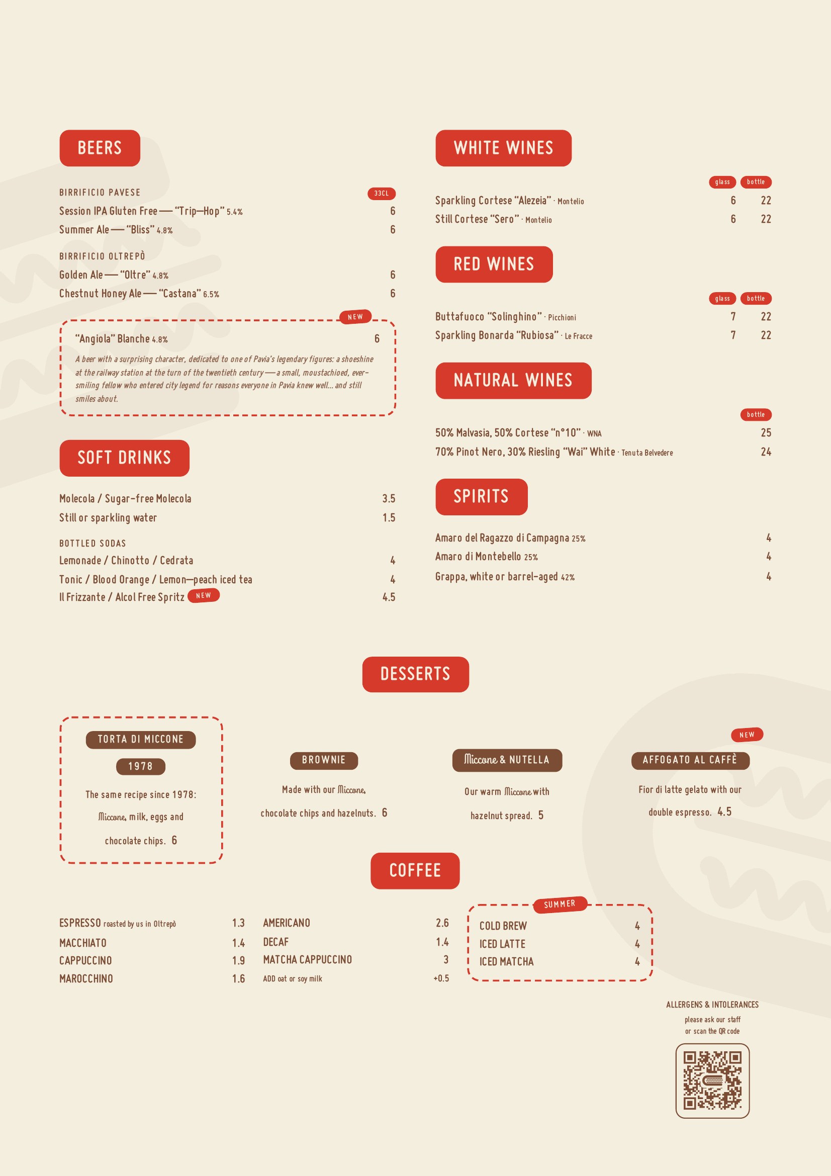 Miccone menu — page 2: beers, soft drinks, wines, spirits, desserts, coffee