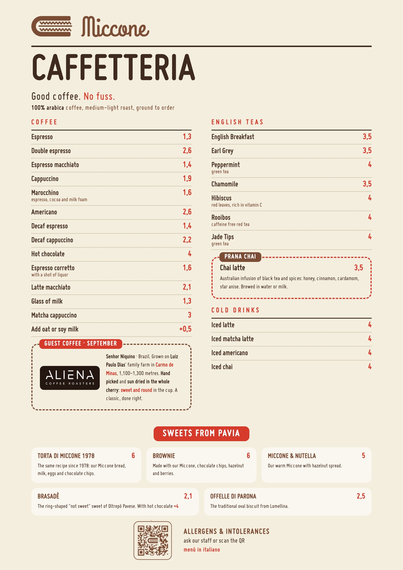 Miccone coffee bar menu: 100% arabica coffee, English teas, Prana Chai, cold drinks and sweets from Pavia with prices
