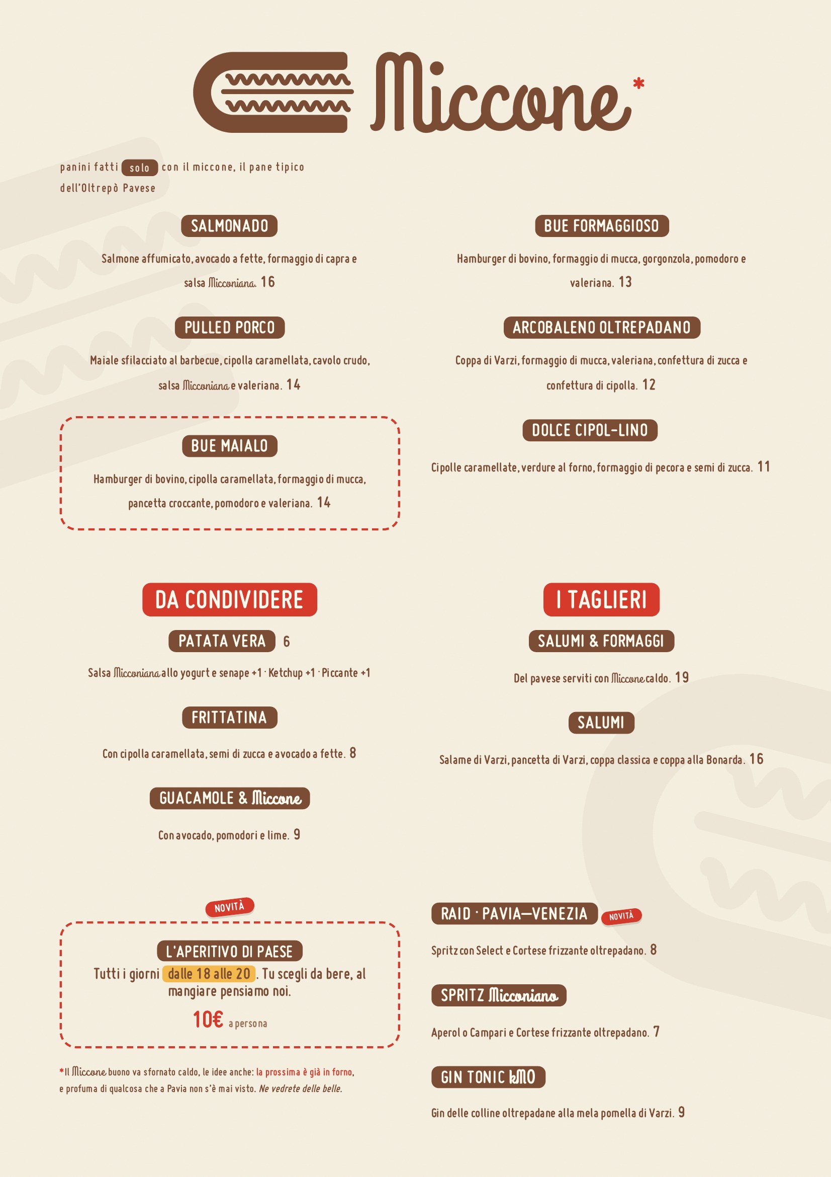 Menu Miccone — pagina 1: panini, da condividere, taglieri, drink
