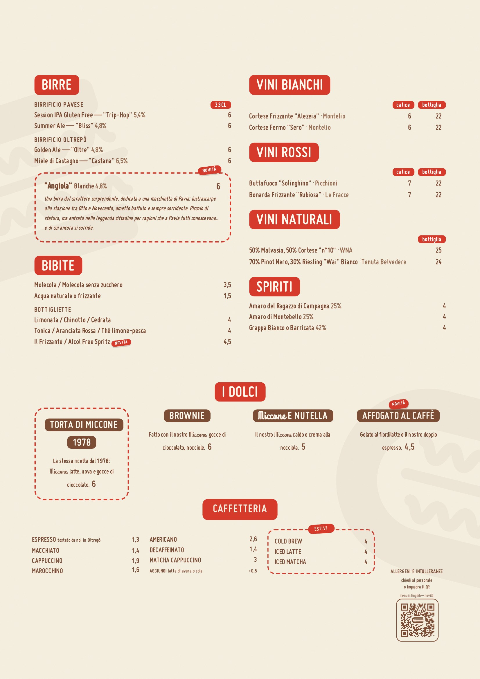 Menu Miccone — pagina 2: birre, bibite, vini, spiriti, dolci, caffetteria