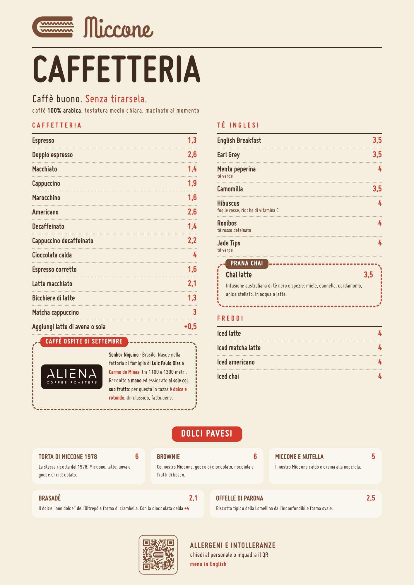 Menu Caffetteria Miccone: caffè 100% arabica, tè inglesi, Prana Chai, bevande fredde e dolci pavesi con prezzi